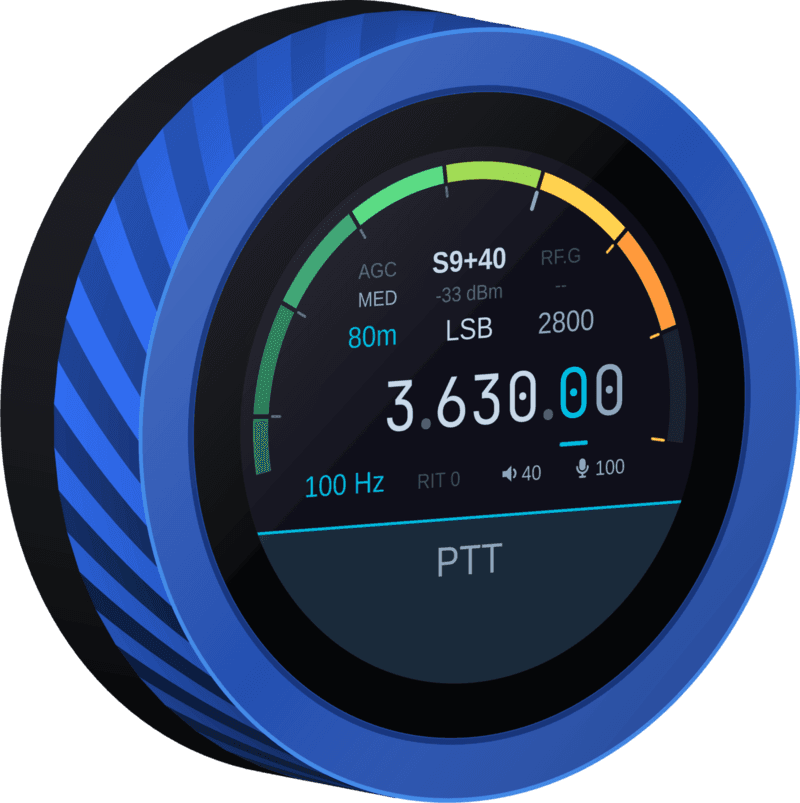 The VFO-Knob: a round touchscreen knob showing the frequency and S-meter
