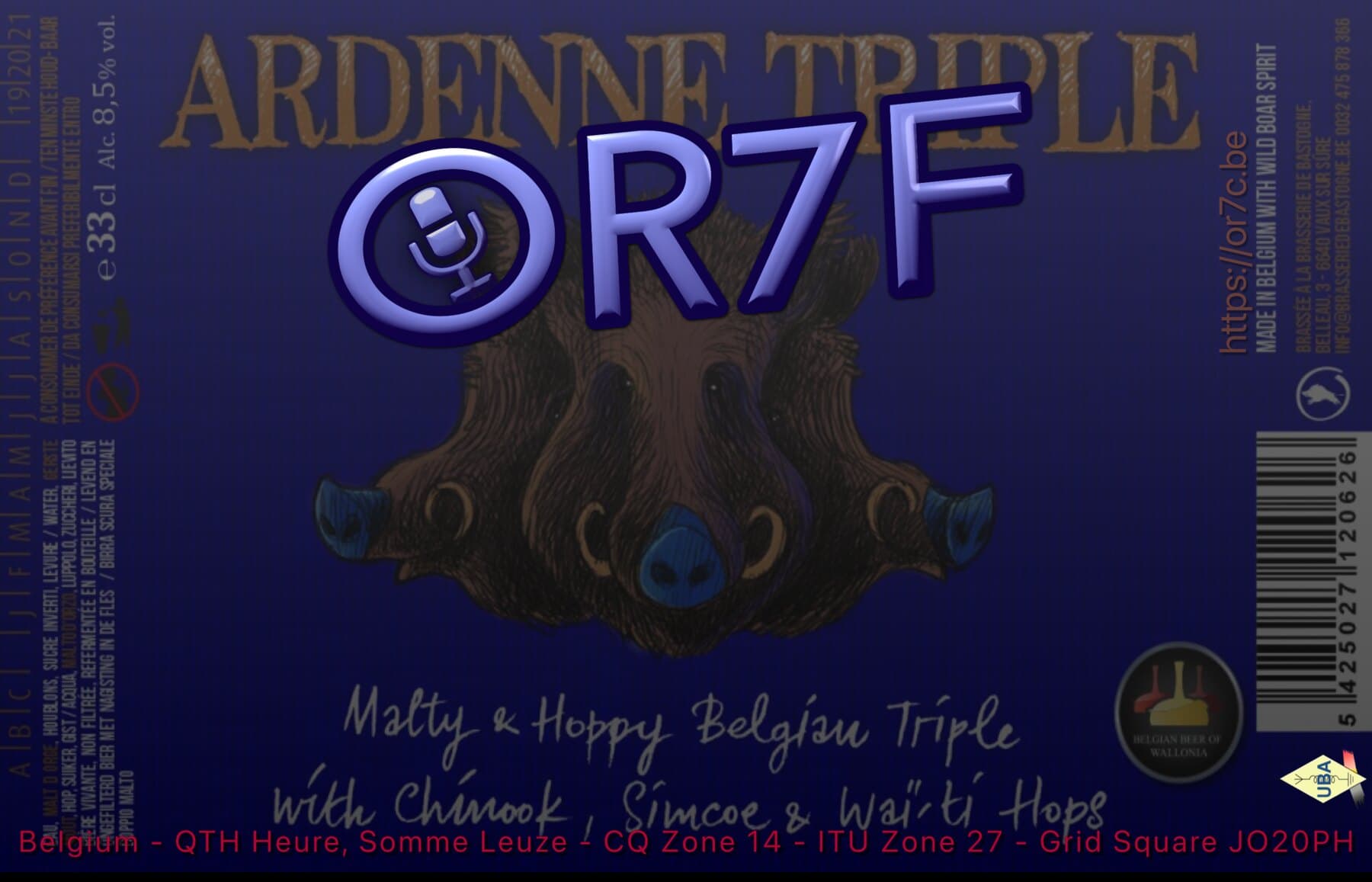 OR7F QSL card for QTH Heure, styled as the label of an Ardenne Triple beer with a wild boar