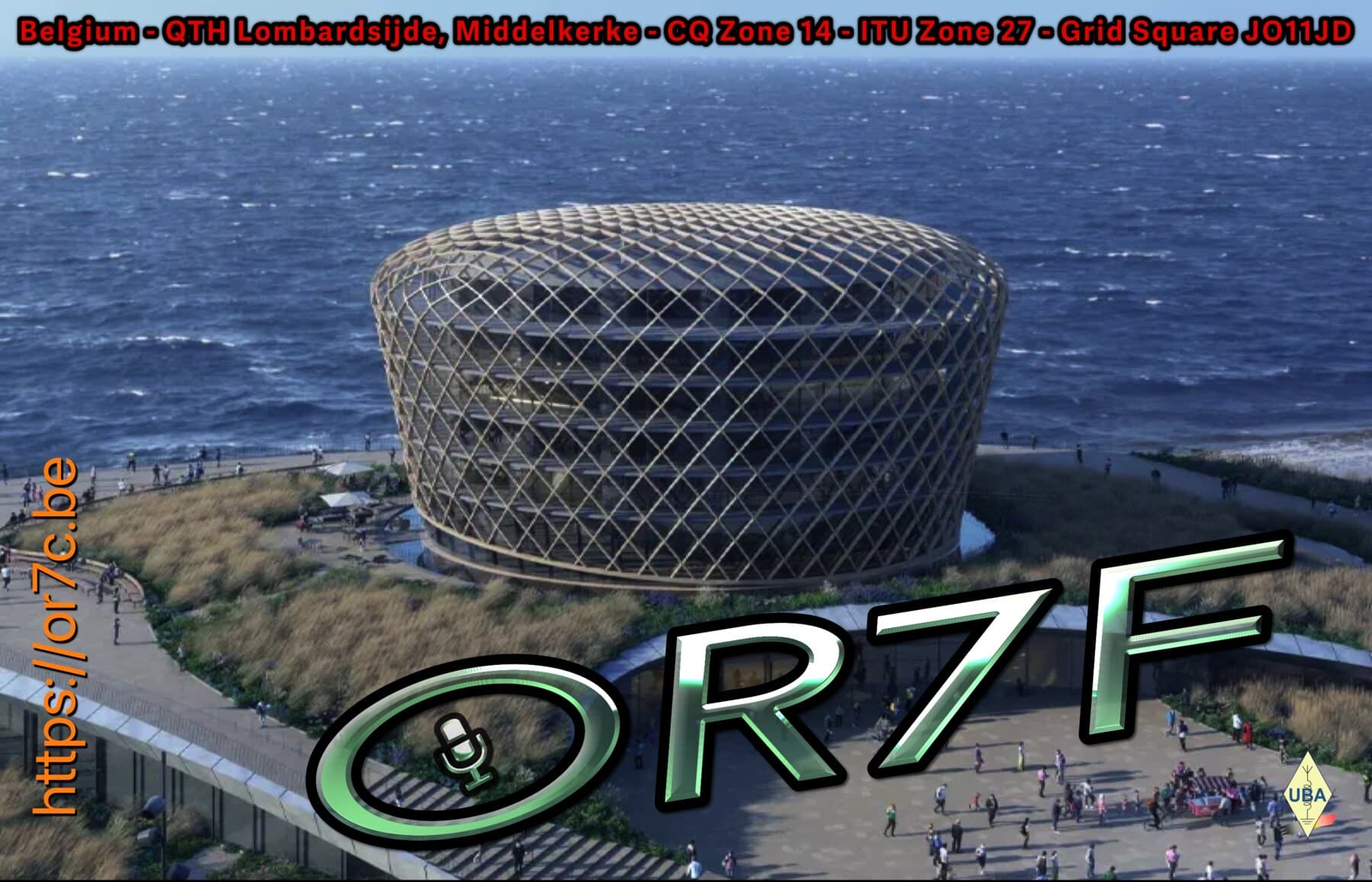 OR7F QSL card for QTH Lombardsijde: a lattice tower building on the dunes above the North Sea