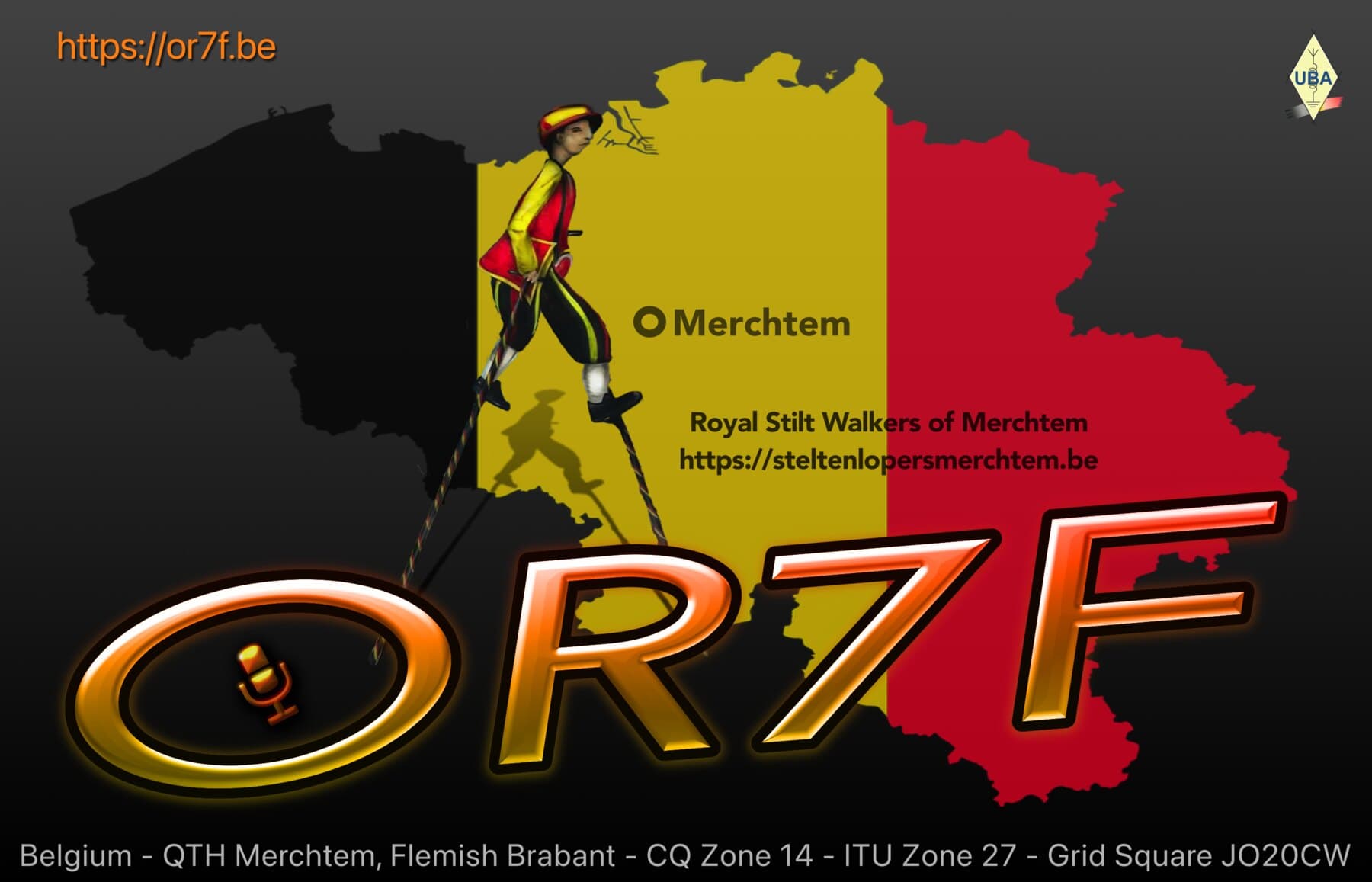 OR7F QSL card for QTH Merchtem: a stilt walker of the Royal Stilt Walkers of Merchtem on a map of Belgium in the national colours